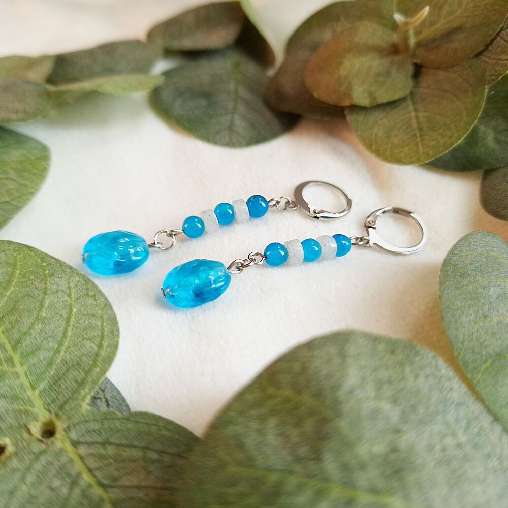 Aqua Quartz & Glass Earrings, Stainless Steel Leverback - Picture 8 of 9